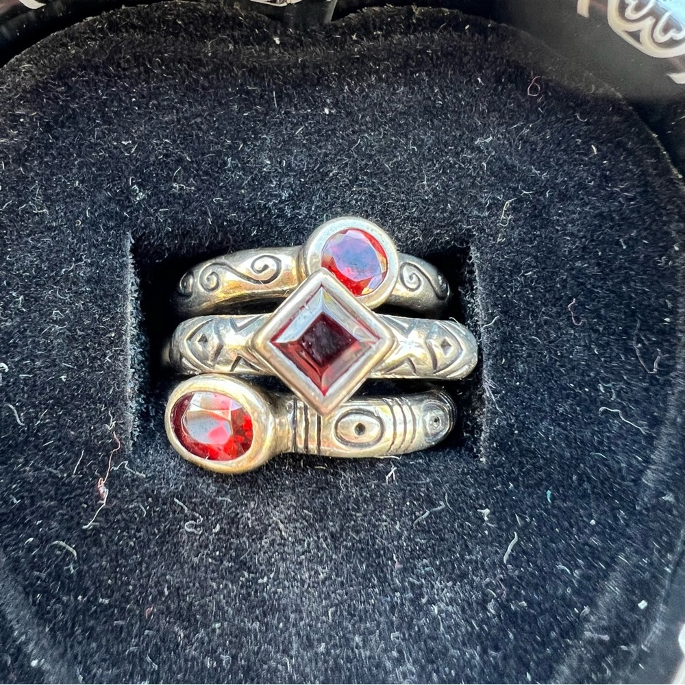 Brighton Stackable 925 Silver Band With Garnet Bezel Stone Set Of 3 Size 5